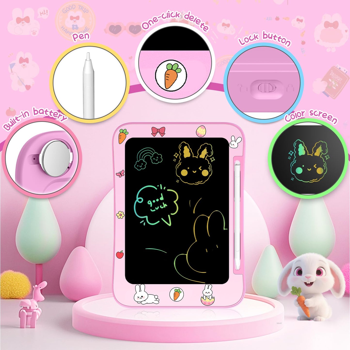Genialba LCD Writing Tablet for Kids – Colorful Rabbit Screen, Eye-Friendly Doodle Board for Ages 3-7