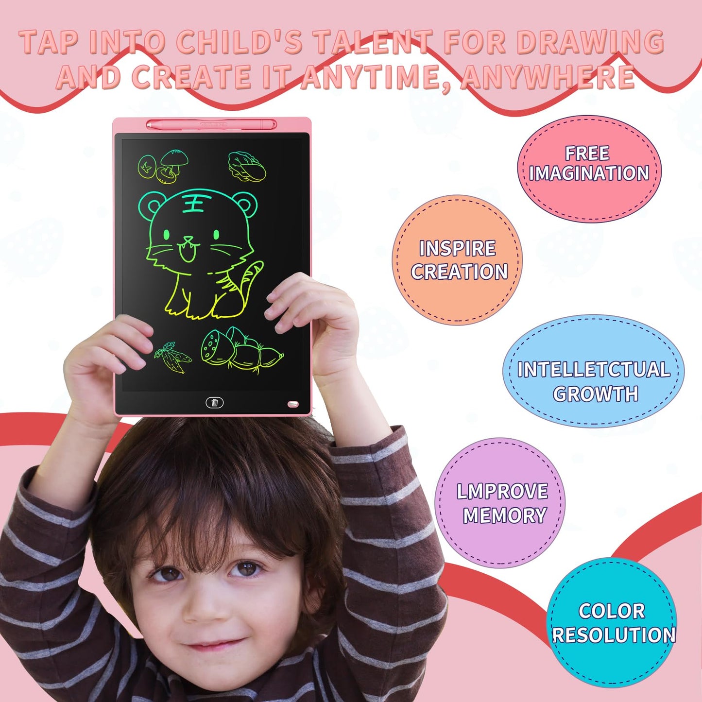Genialba LCD Writing Board 16 Inches – Colorful Erasable Tablet for Kids (Pink)