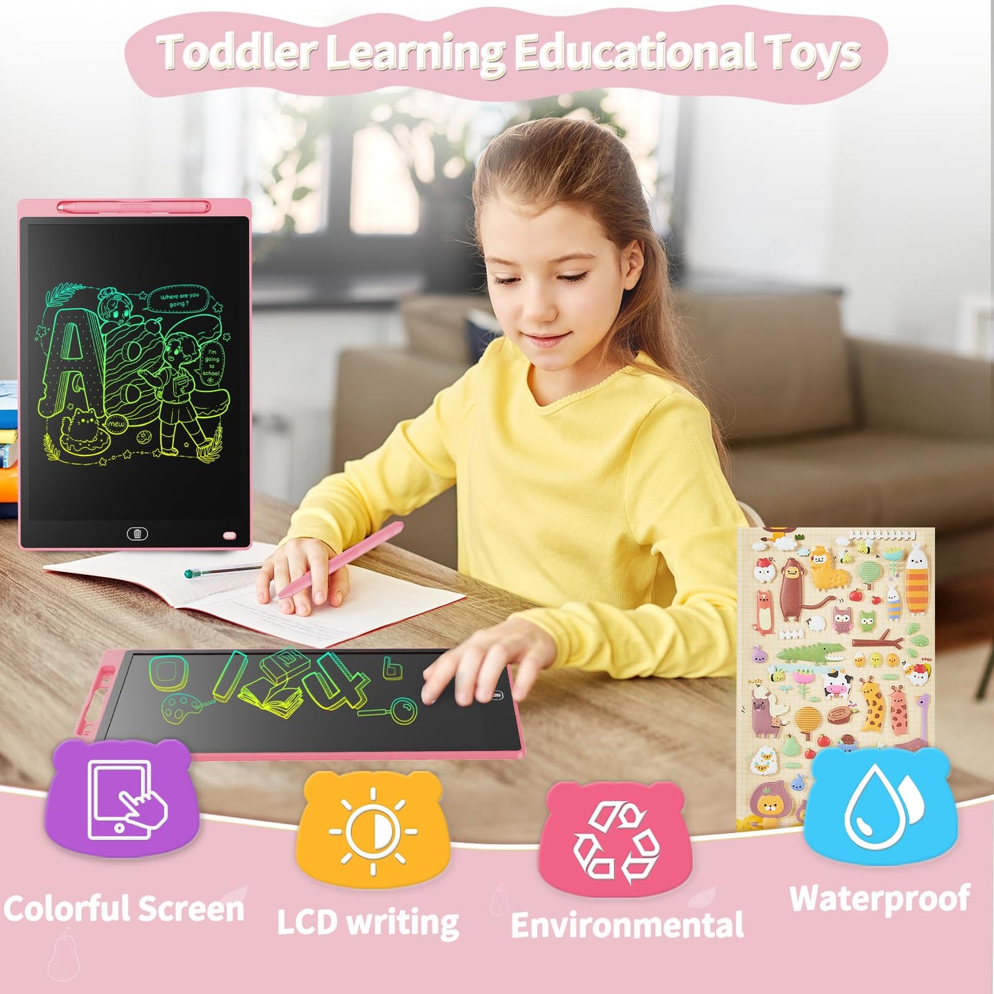 Genialba LCD Writing Board 16 Inches – Colorful Erasable Tablet for Kids (Pink)