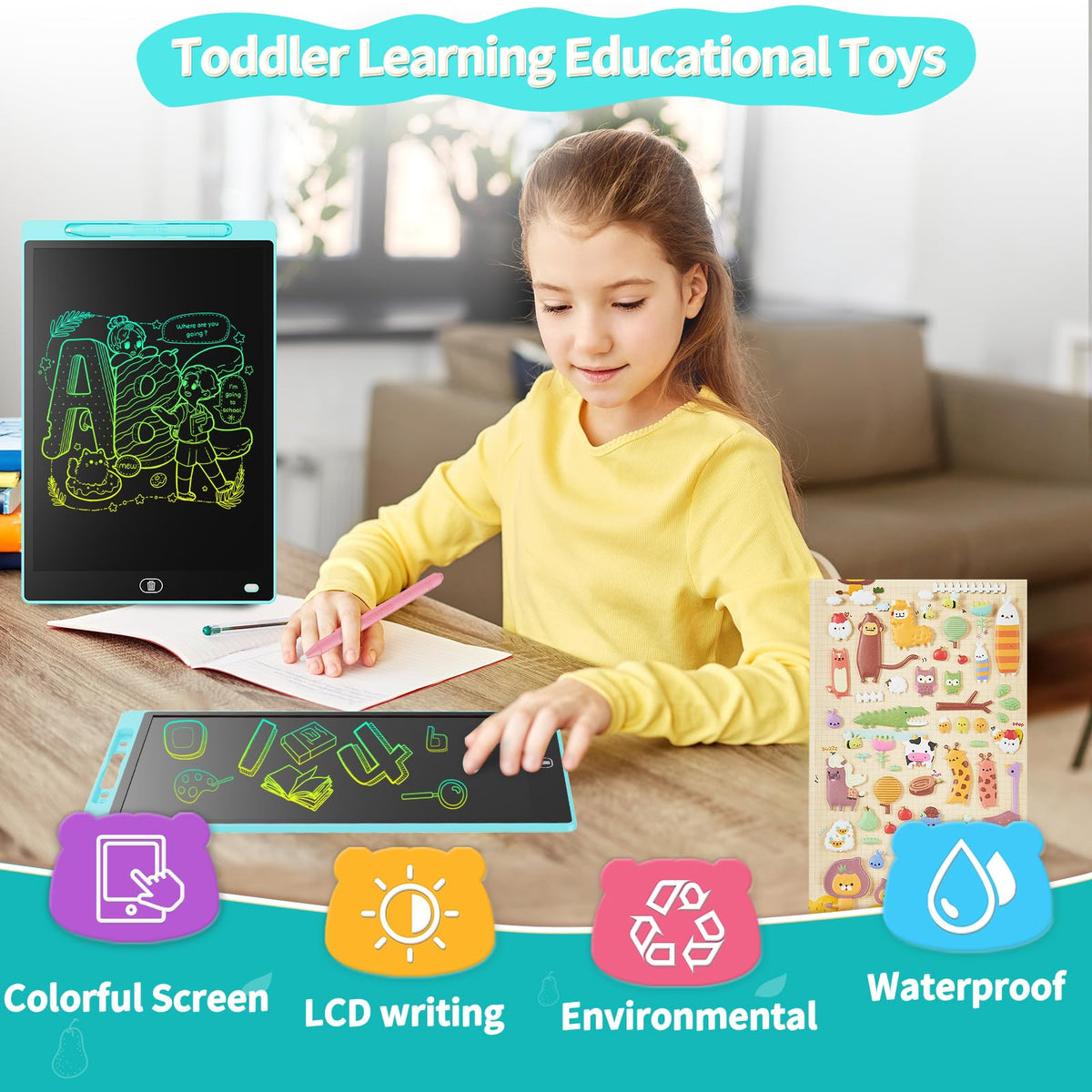 Genialba 2-Pack 12-Inch LCD Colorful Writing Tablet for Kids | Erasable Drawing Board (Blue & Red)
