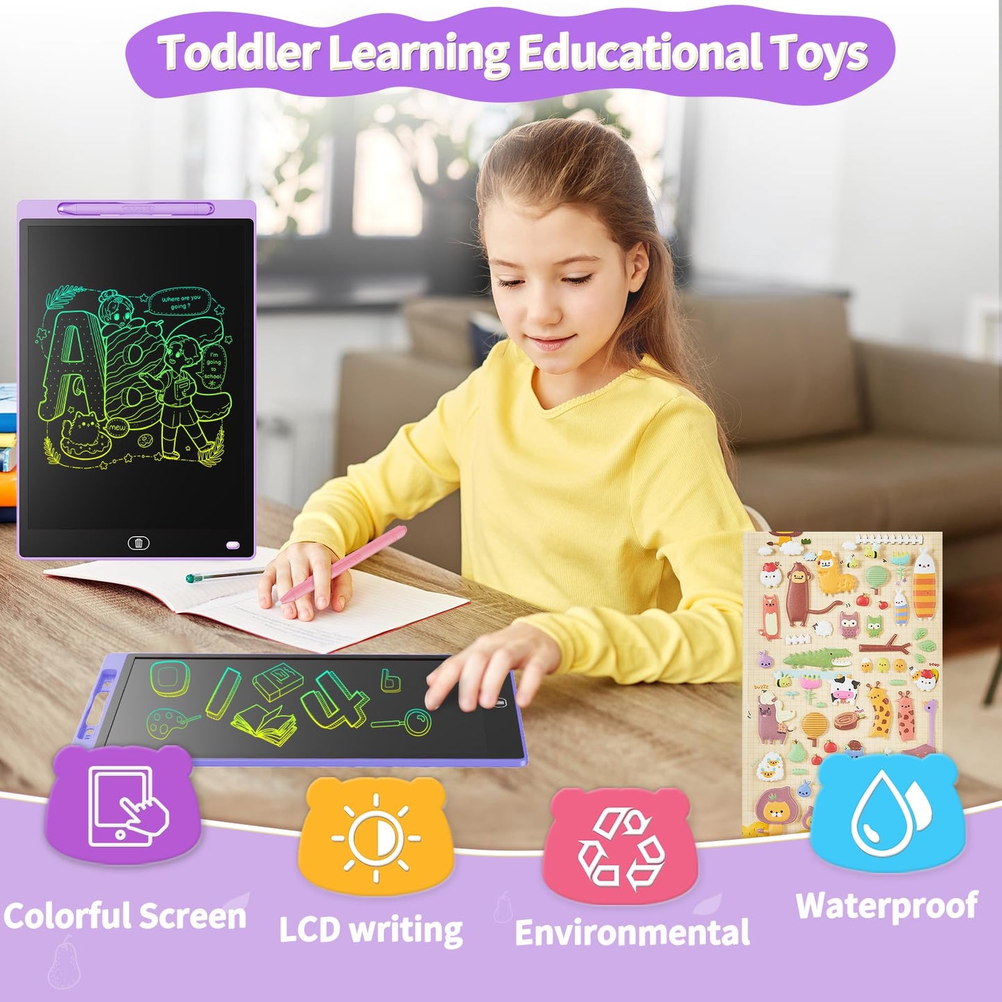Genialba 2-Piece 10-Inch Colourful LCD Writing Board - Purple & Pink