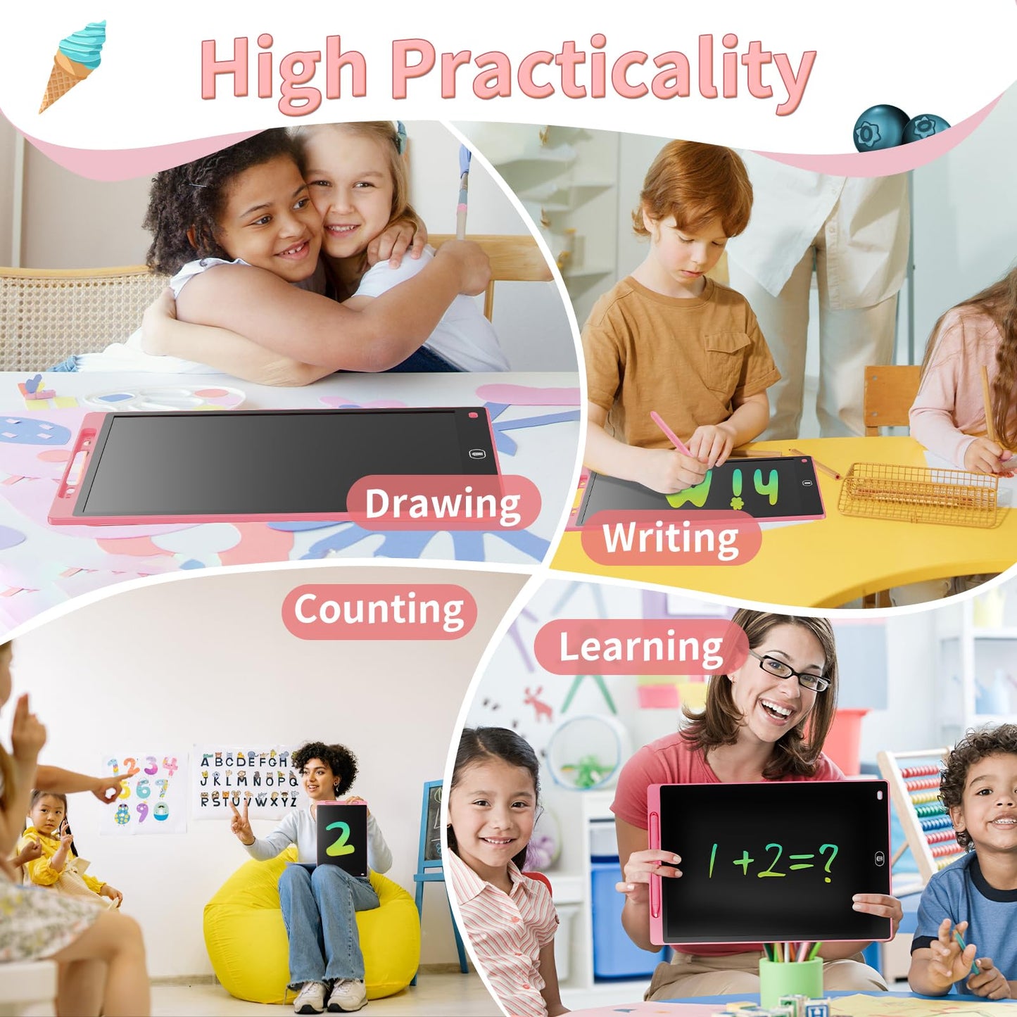 Genialba LCD Writing Board 16 Inches – Colorful Erasable Tablet for Kids (Pink)