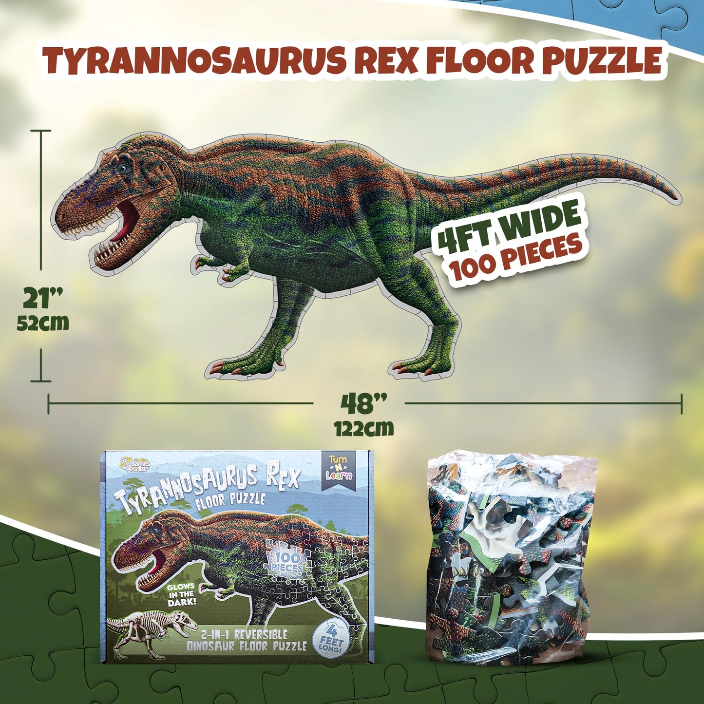 Genius Games Tyrannosaurus Rex 100-Piece Double-Sided Floor Puzzle — 4ft, Glow-in-the-Dark Skeleton