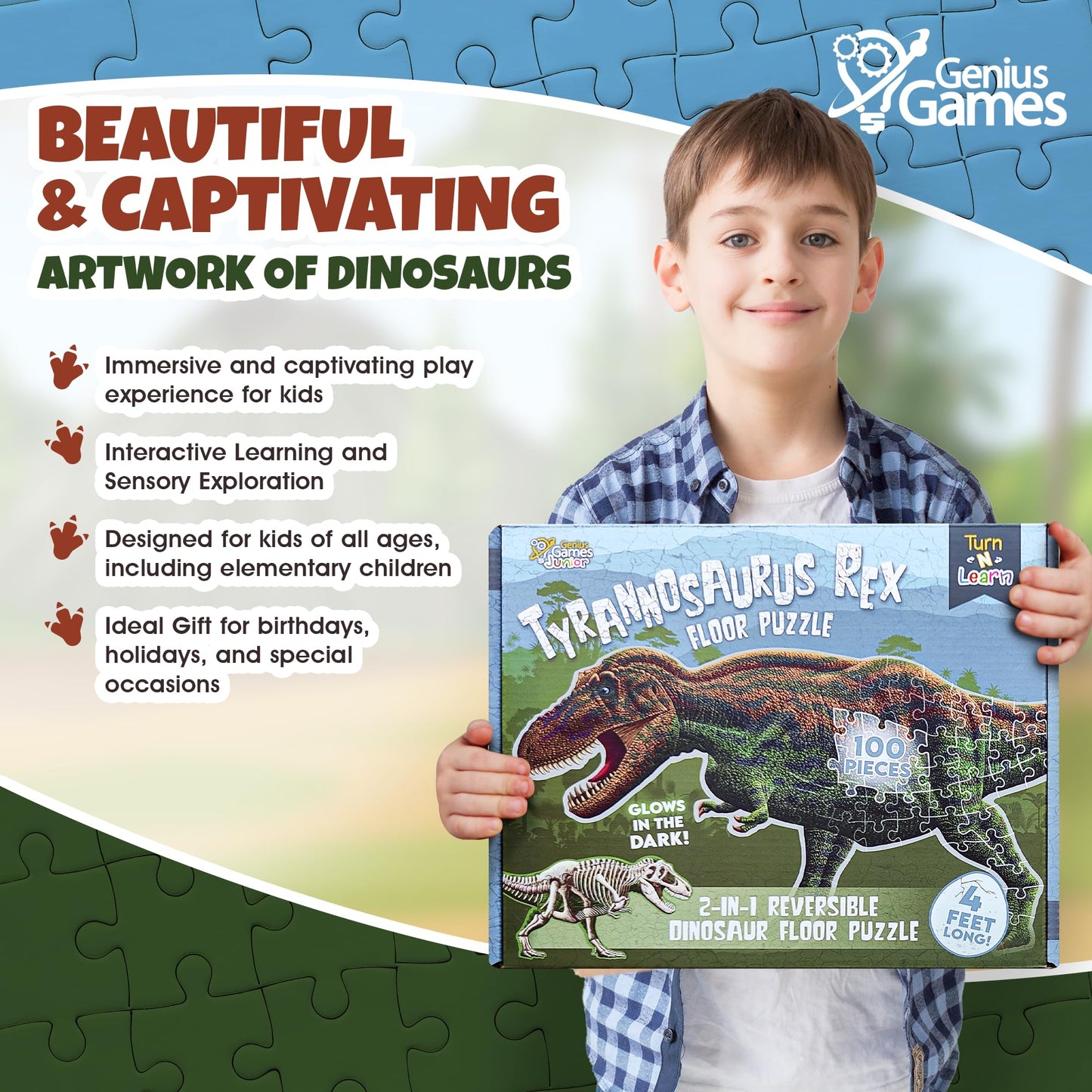 Genius Games Tyrannosaurus Rex 100-Piece Double-Sided Floor Puzzle — 4ft, Glow-in-the-Dark Skeleton