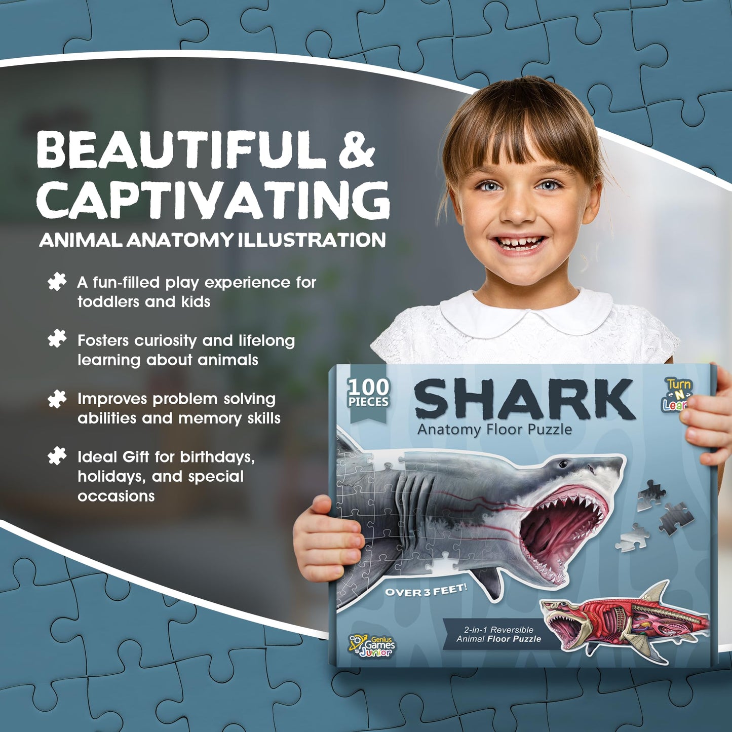 Shark Animal Anatomy Floor Puzzle by Genius Games – 100-Piece Double-Sided Jigsaw for Ages 4-10