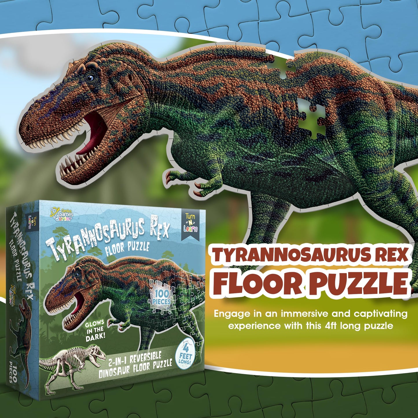 Genius Games Tyrannosaurus Rex 100-Piece Double-Sided Floor Puzzle — 4ft, Glow-in-the-Dark Skeleton