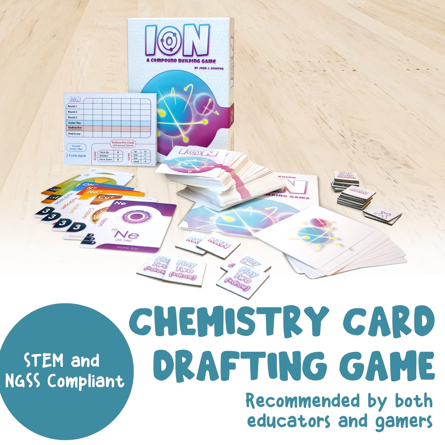 Genius Games Ion: A Compound Building Card Game (2nd Edition) – Chemistry Card Drafting for 2-7 Players