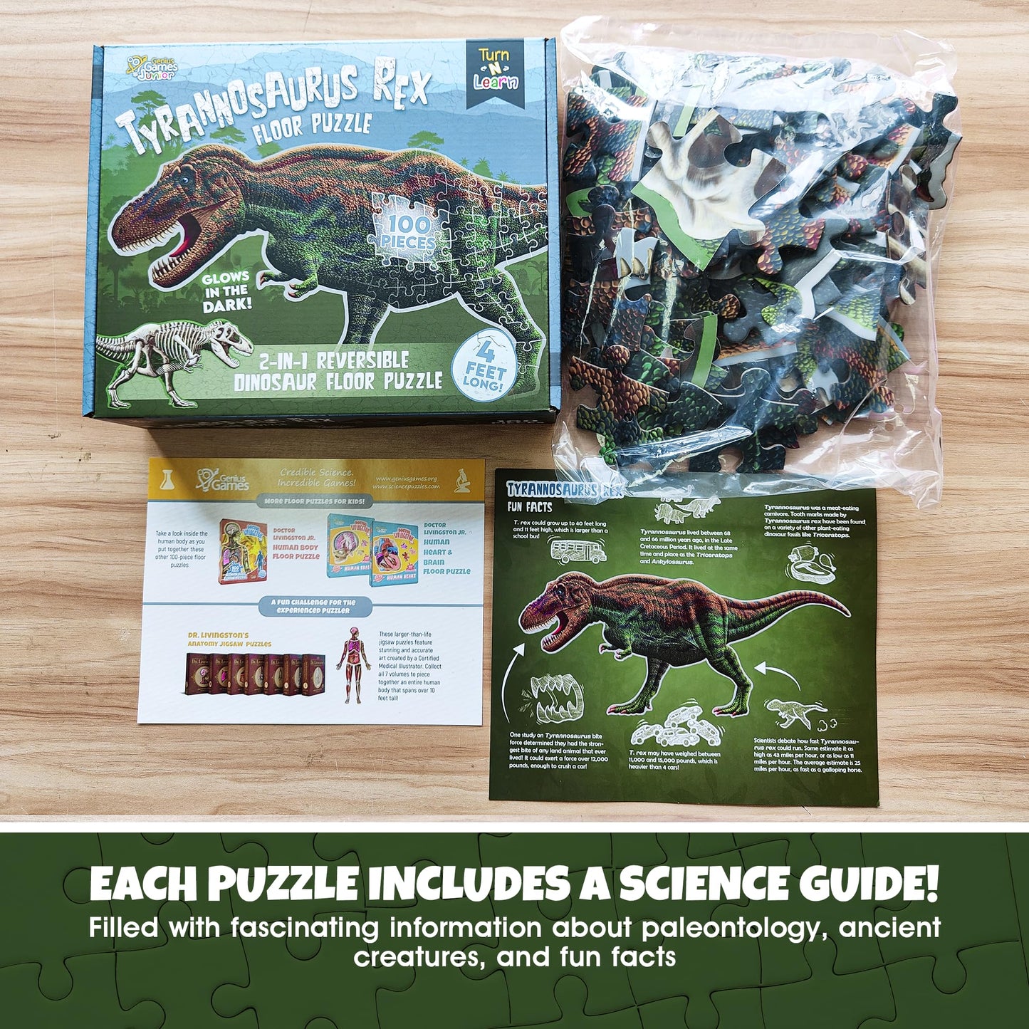 Genius Games Tyrannosaurus Rex 100-Piece Double-Sided Floor Puzzle — 4ft, Glow-in-the-Dark Skeleton