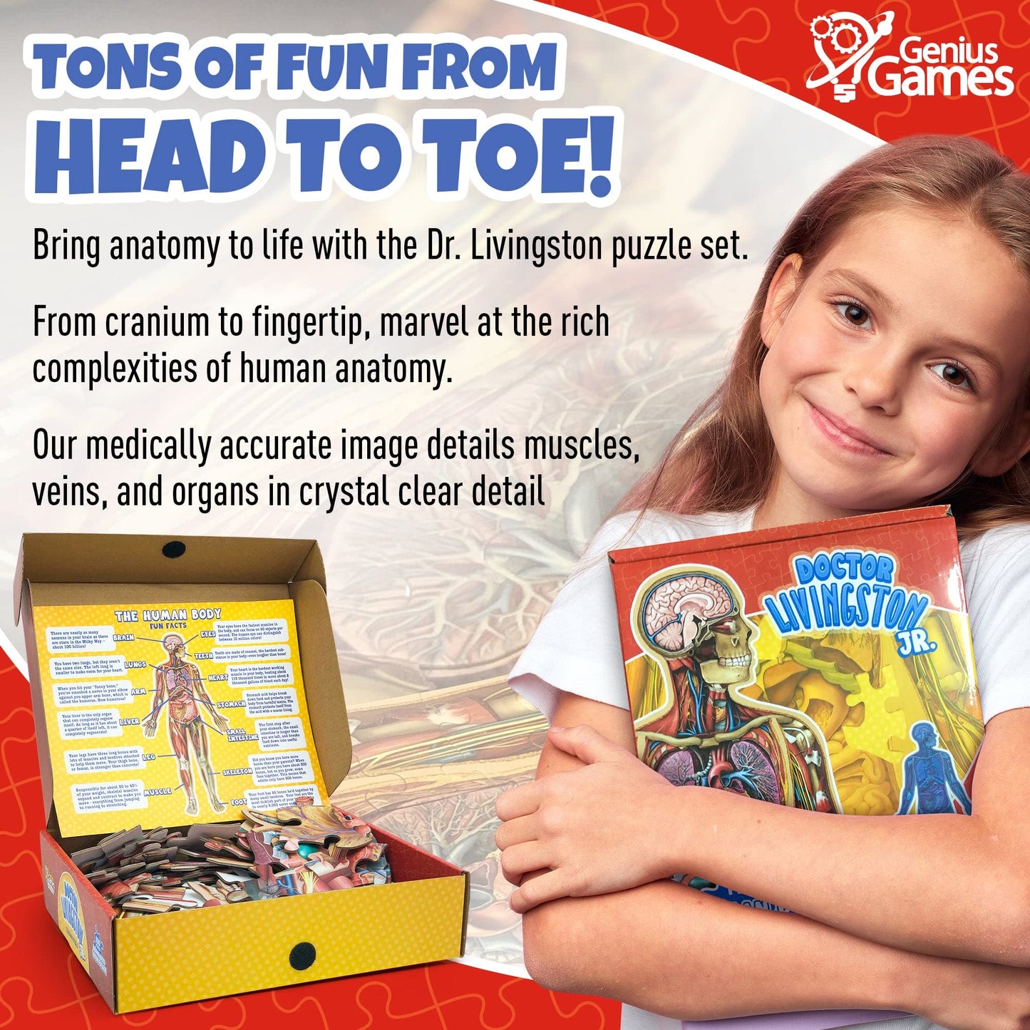 Genius Games Dr Livingston Jr Human Anatomy Floor Puzzle – 100-Piece, 4 ft