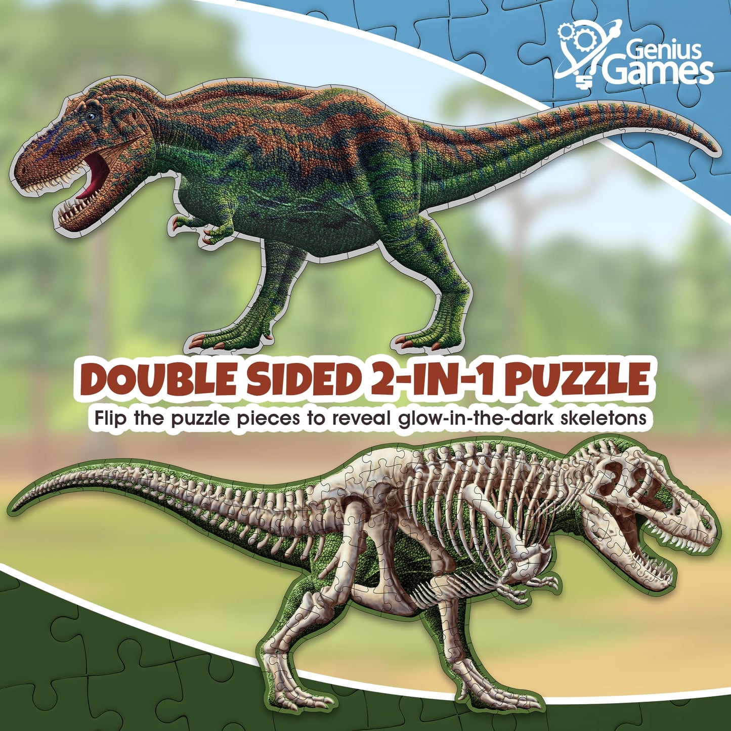 Genius Games Tyrannosaurus Rex 100-Piece Double-Sided Floor Puzzle — 4ft, Glow-in-the-Dark Skeleton