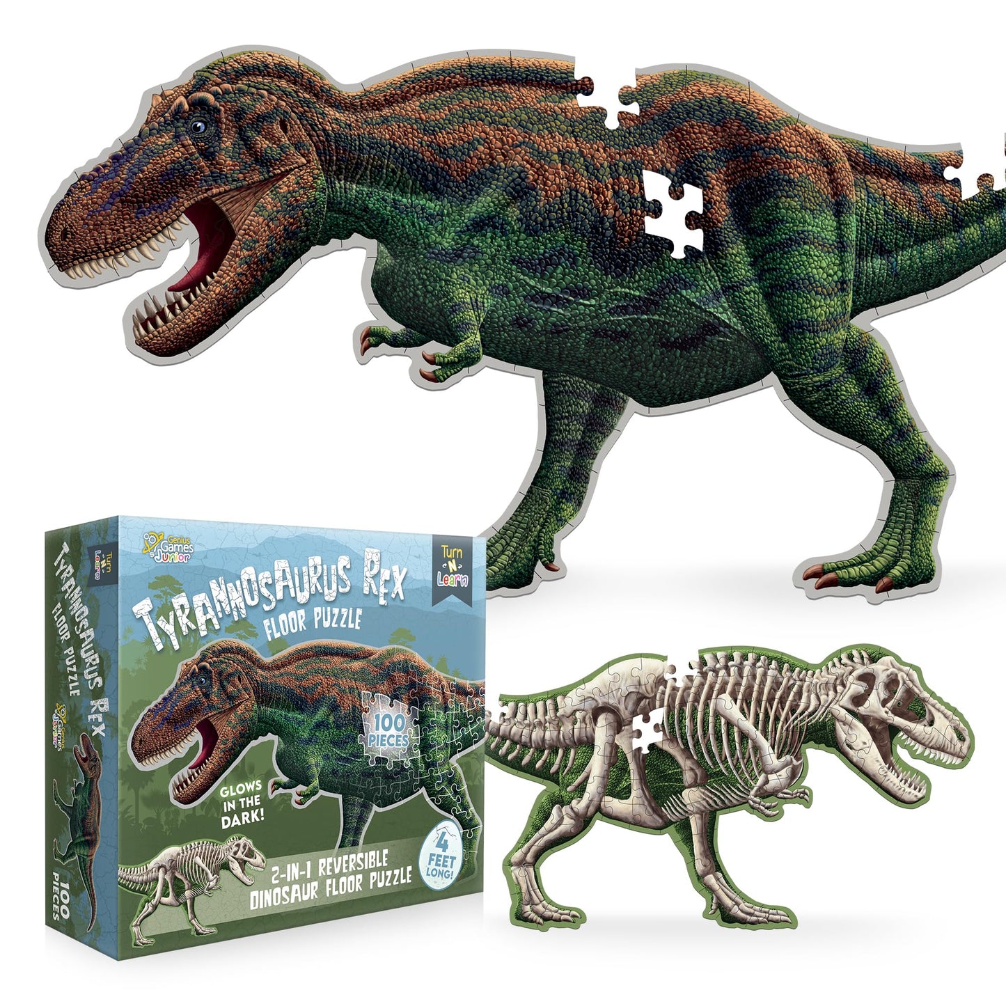 Genius Games Tyrannosaurus Rex 100-Piece Double-Sided Floor Puzzle — 4ft, Glow-in-the-Dark Skeleton