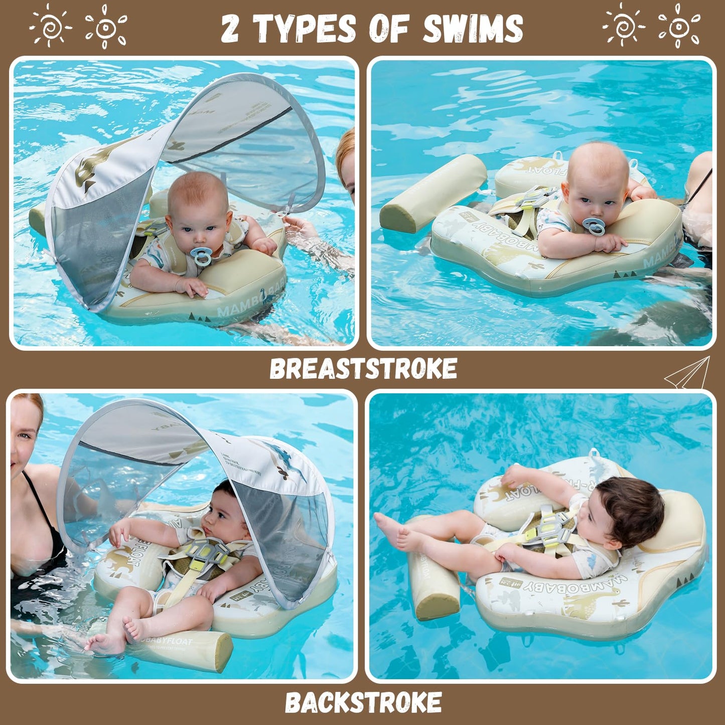 GENTEACO Mambobaby Baby Pool Float with Removable Canopy | 3-24 Months | Beige