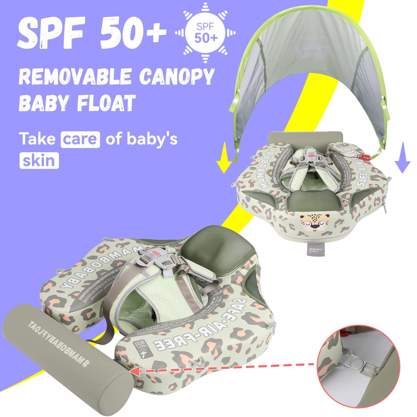 GENTEACO Mambobaby Baby Swim Float with Canopy - Non-Inflatable 3-24 Months Leopard Green