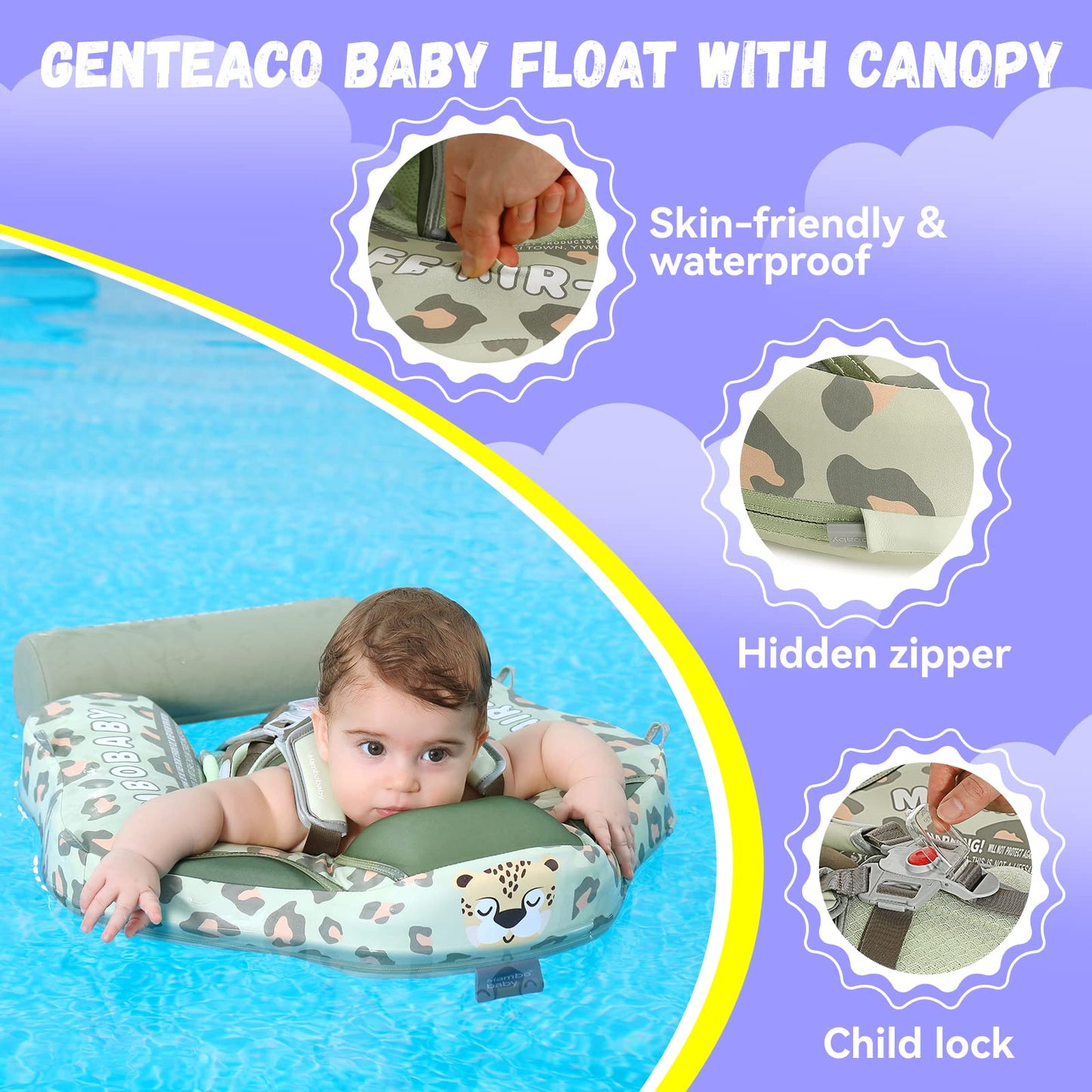 GENTEACO Mambobaby Baby Swim Float with Canopy - Non-Inflatable 3-24 Months Leopard Green