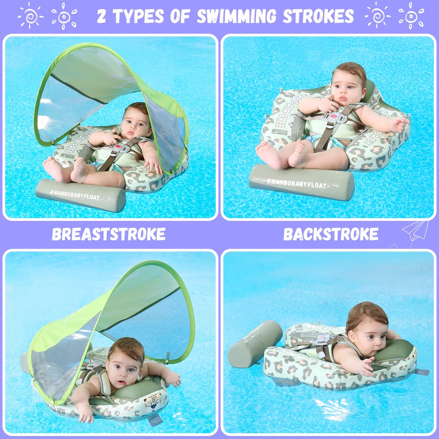 GENTEACO Mambobaby Baby Swim Float with Canopy - Non-Inflatable 3-24 Months Leopard Green