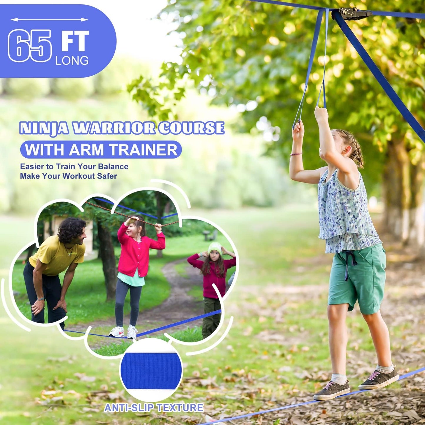 Gentle Booms Ninja Warrior Obstacle Course for Kids Backyard — 2×65 ft Slack Lines, 13 Accessories