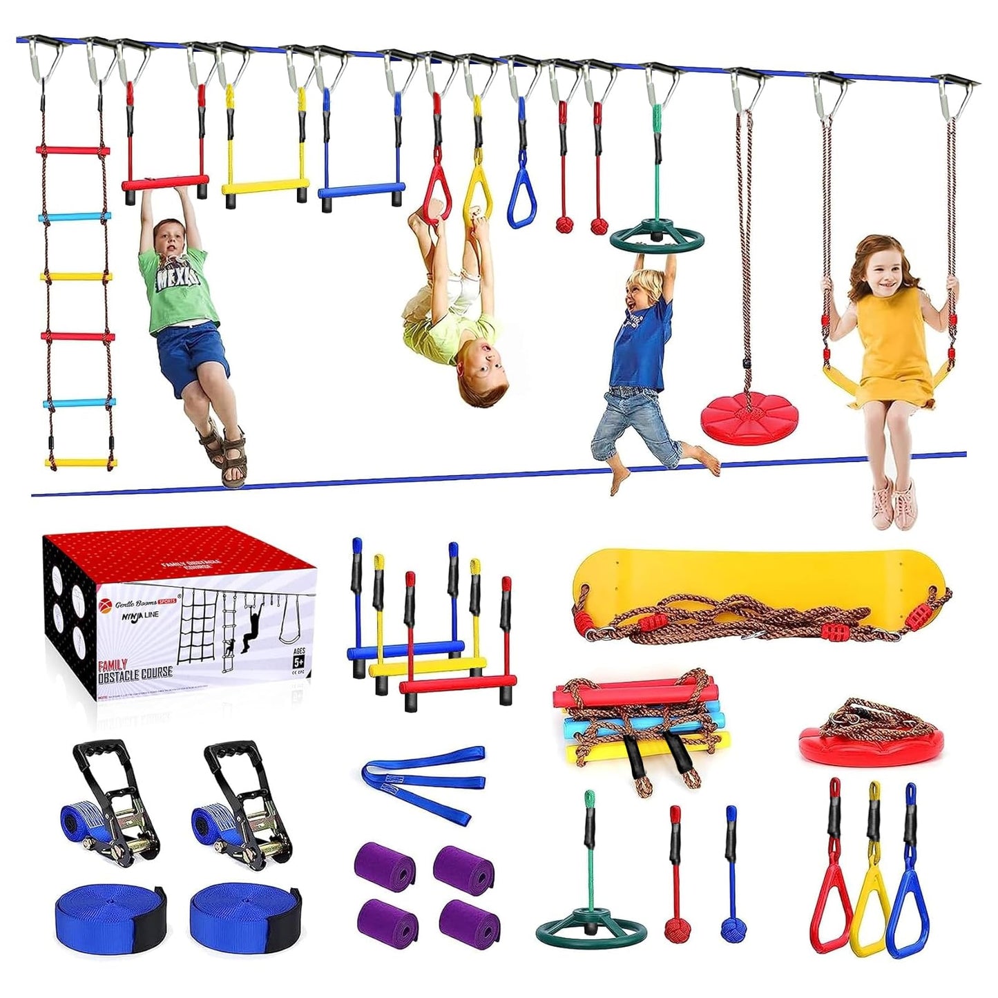 Gentle Booms Ninja Warrior Obstacle Course for Kids Backyard — 2×65 ft Slack Lines, 13 Accessories