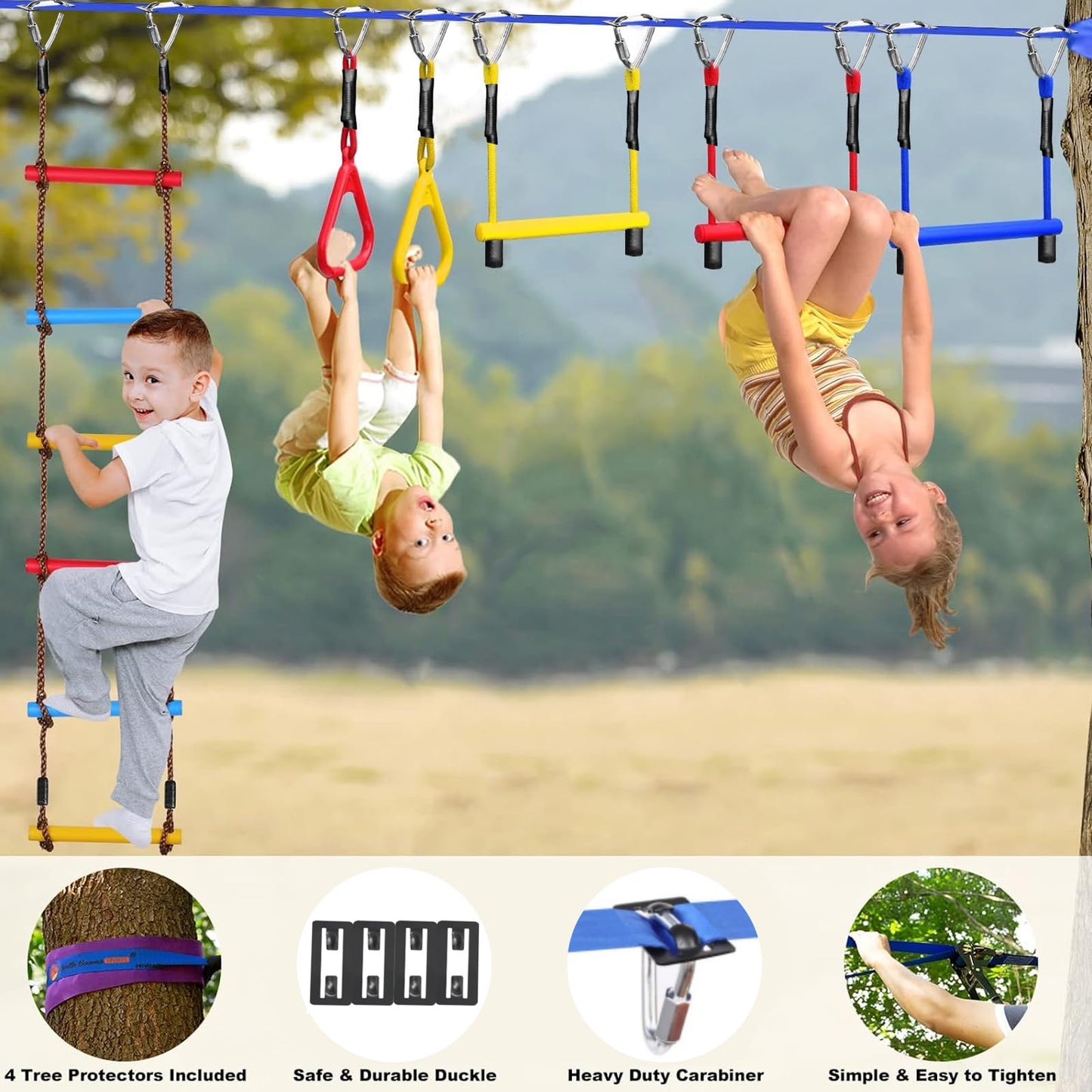 Gentle Booms Ninja Warrior Obstacle Course for Kids Backyard — 2×65 ft Slack Lines, 13 Accessories