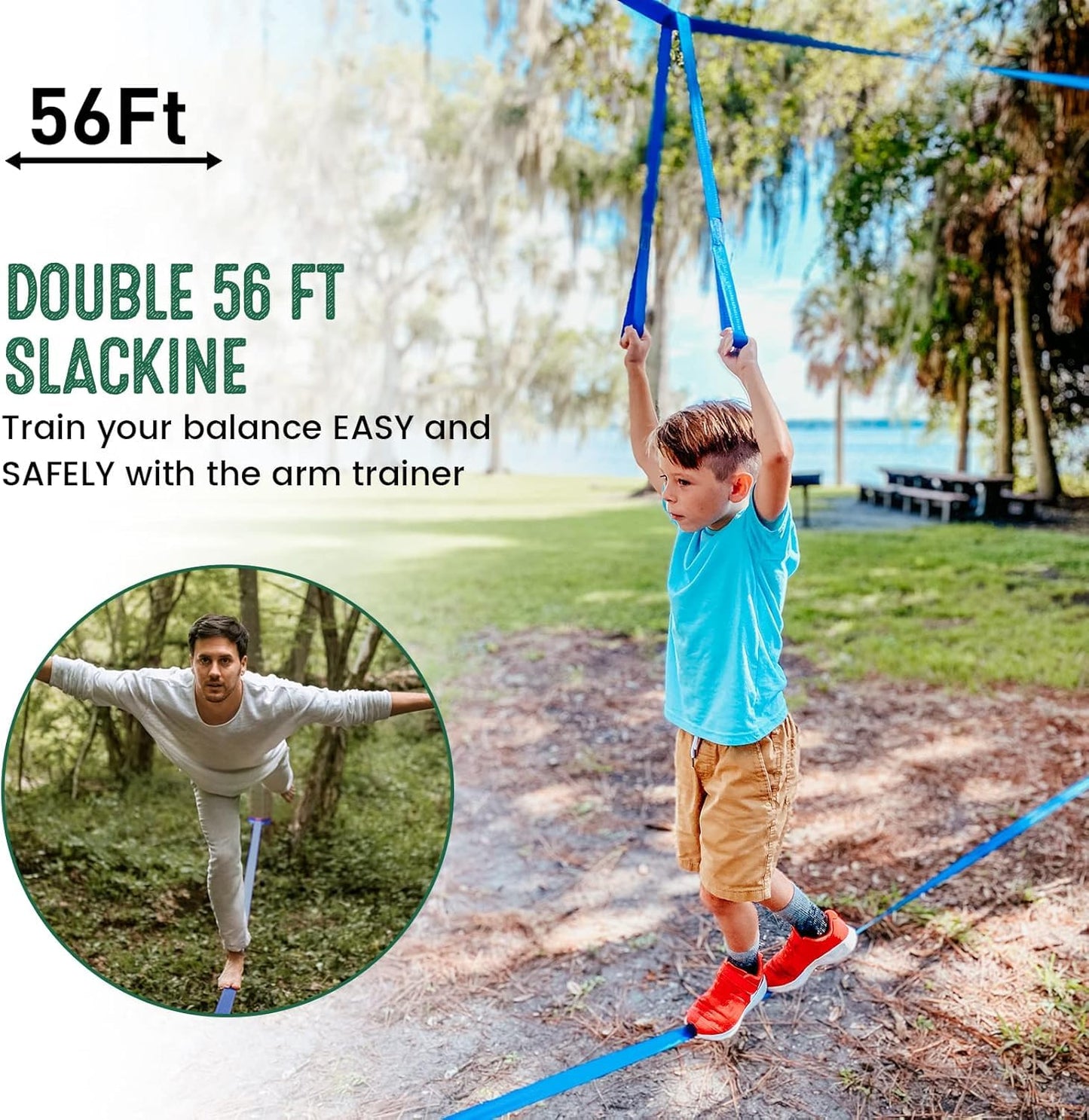 Gentle Booms Sports Ninja Warrior Obstacle Course for Kids – 2×56ft Slackline Kit with 8 Accessories