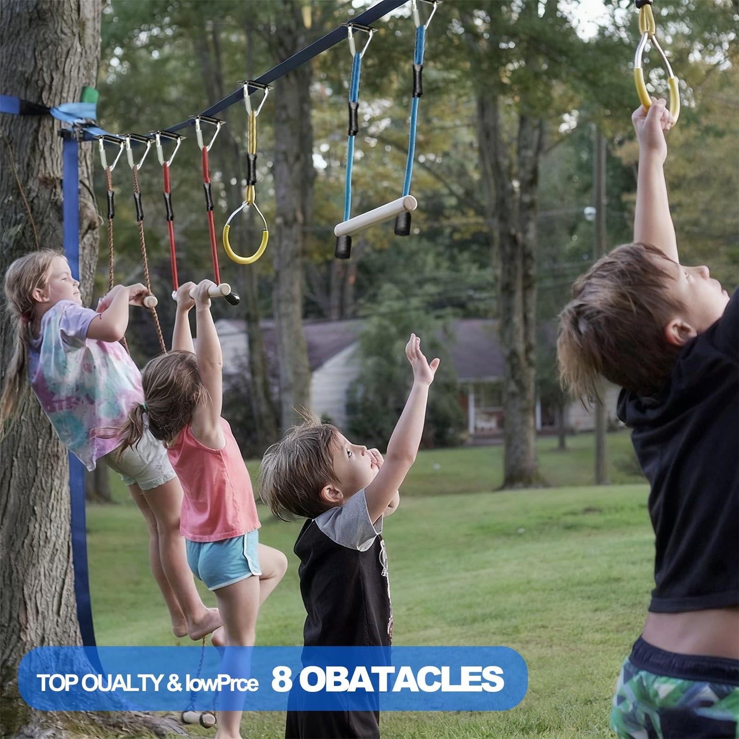 Gentle Booms Sports Ninja Warrior Obstacle Course for Kids – 2×56ft Slackline Kit with 8 Accessories