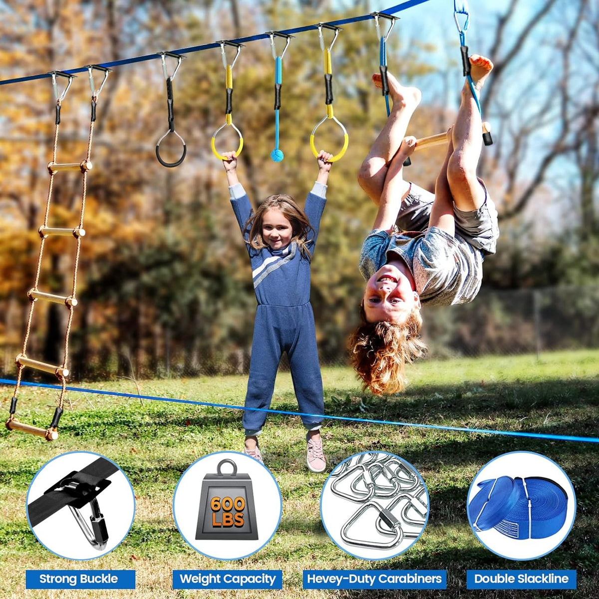 Gentle Booms Sports Ninja Warrior Obstacle Course for Kids – 2×56ft Slackline Kit with 8 Accessories