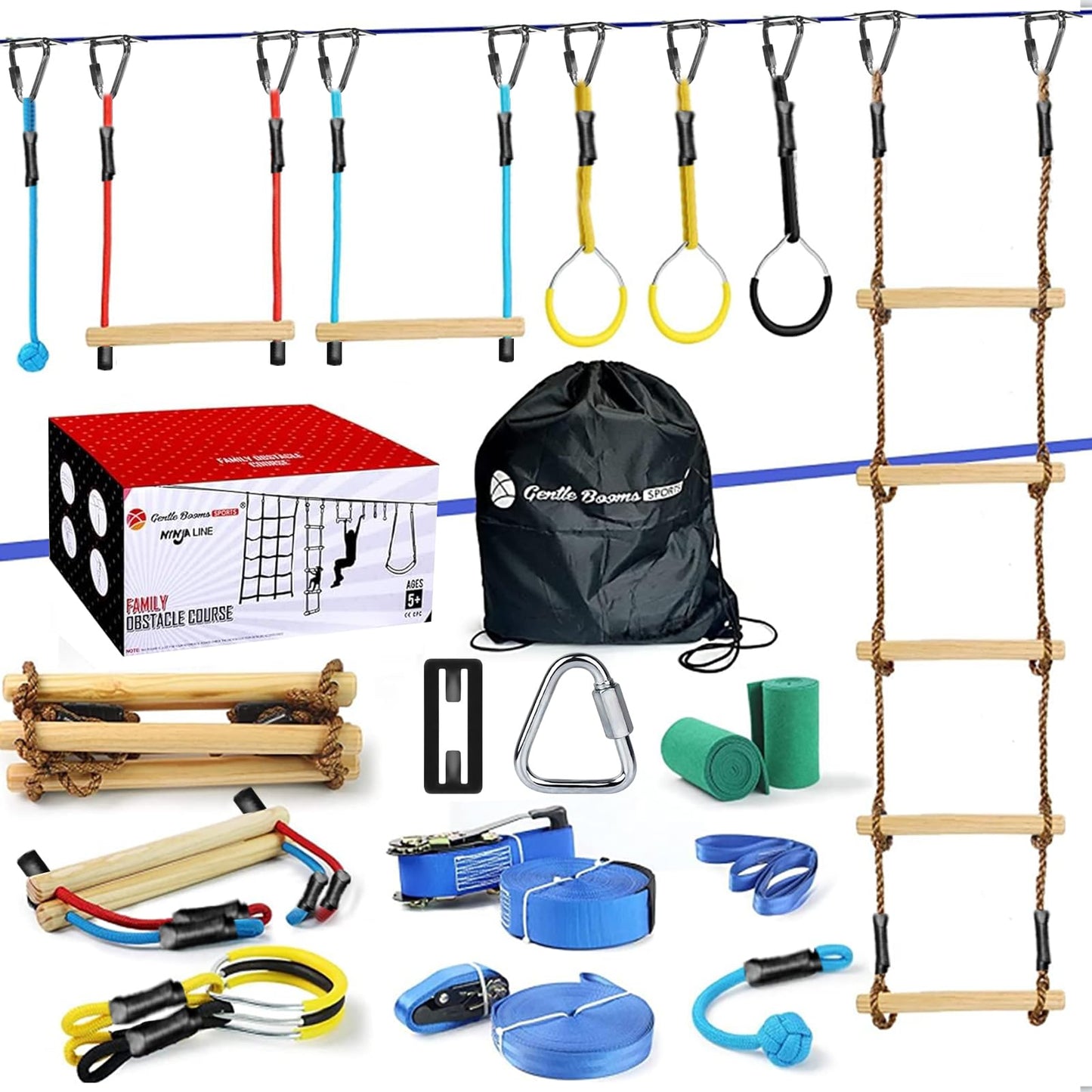 Gentle Booms Sports Ninja Warrior Obstacle Course for Kids – 2×56ft Slackline Kit with 8 Accessories