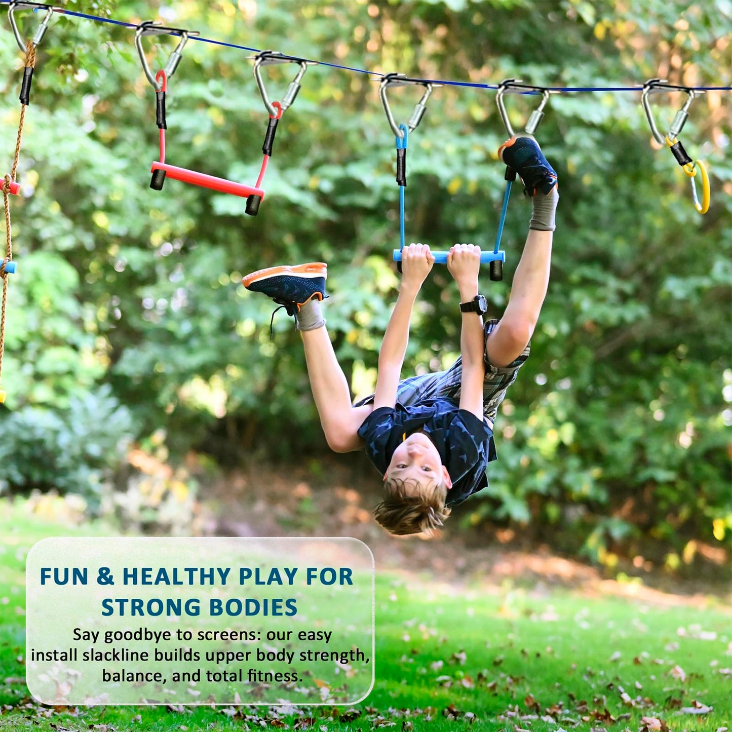 Gentle Booms Sports Ninja Warrior Obstacle Course for Kids | 2×56ft Slackline Kit with 8 Accessories