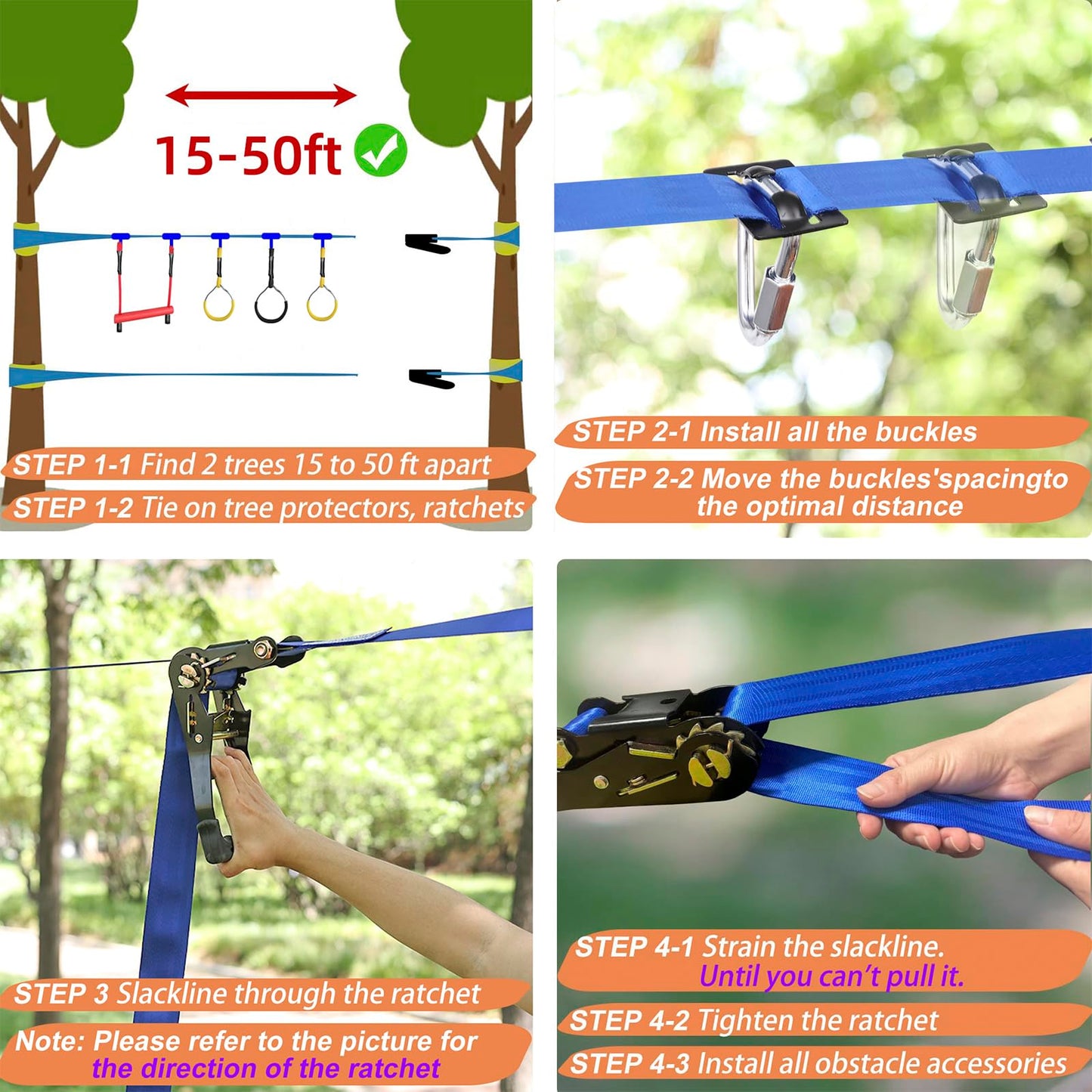 Gentle Booms Sports Ninja Warrior Obstacle Course for Kids | 2×56ft Slackline Kit with 8 Accessories