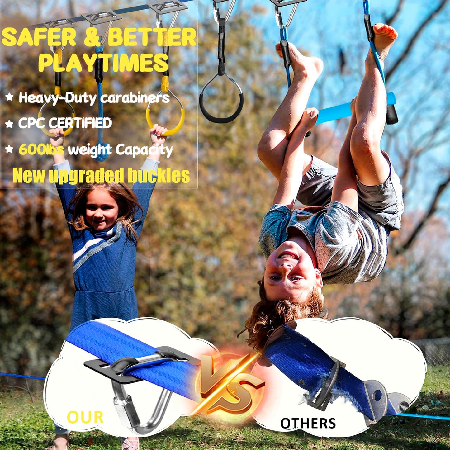 Gentle Booms Sports Ninja Warrior Obstacle Course for Kids | 2×56ft Slackline Kit with 8 Accessories