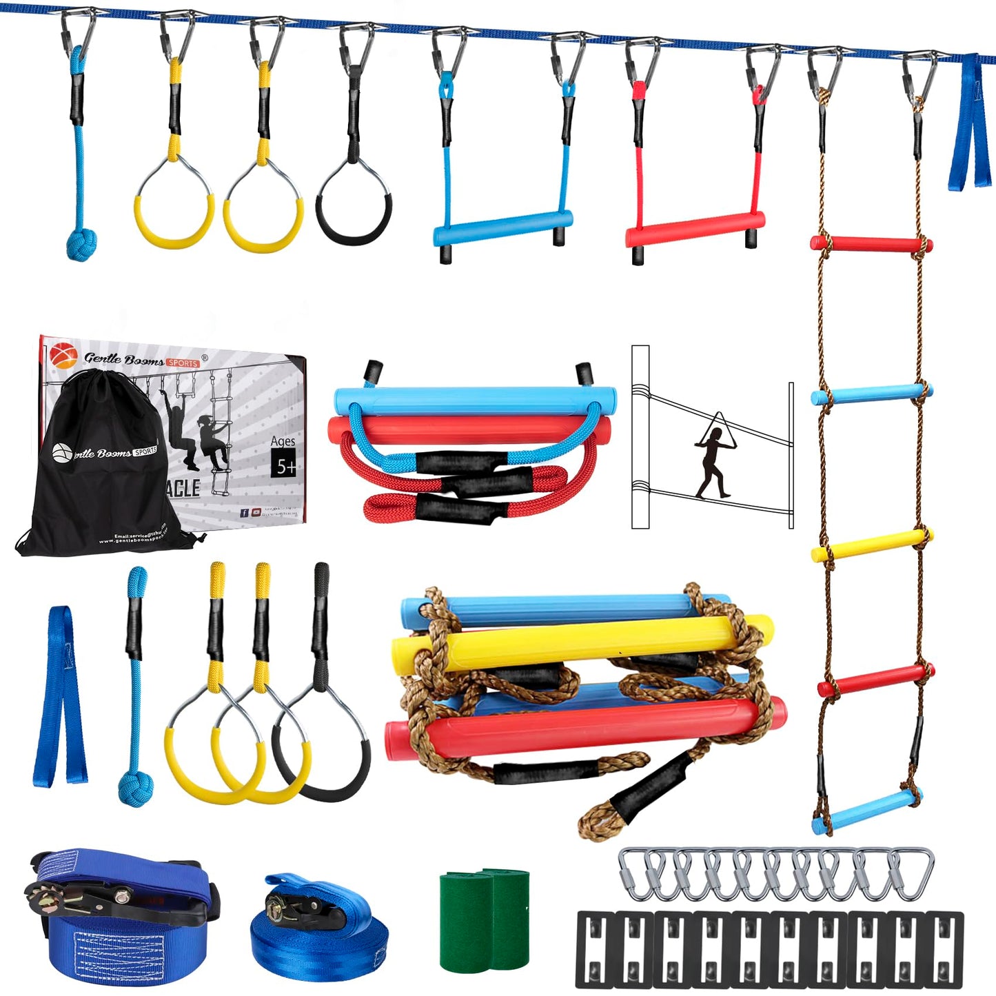 Gentle Booms Sports Ninja Warrior Obstacle Course for Kids | 2×56ft Slackline Kit with 8 Accessories