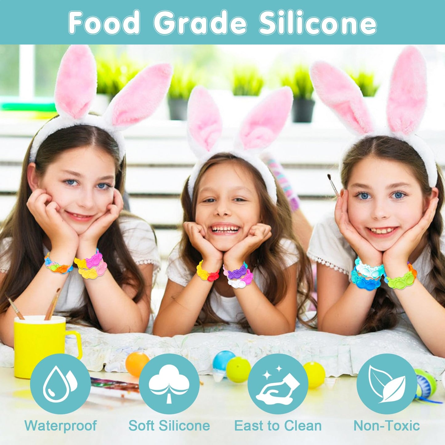 Genuvi Easter Rabbit Pop Bracelets 24-Pack – Colorful Fidget Bracelets for Kids, Party Favors, and Easter Gifts