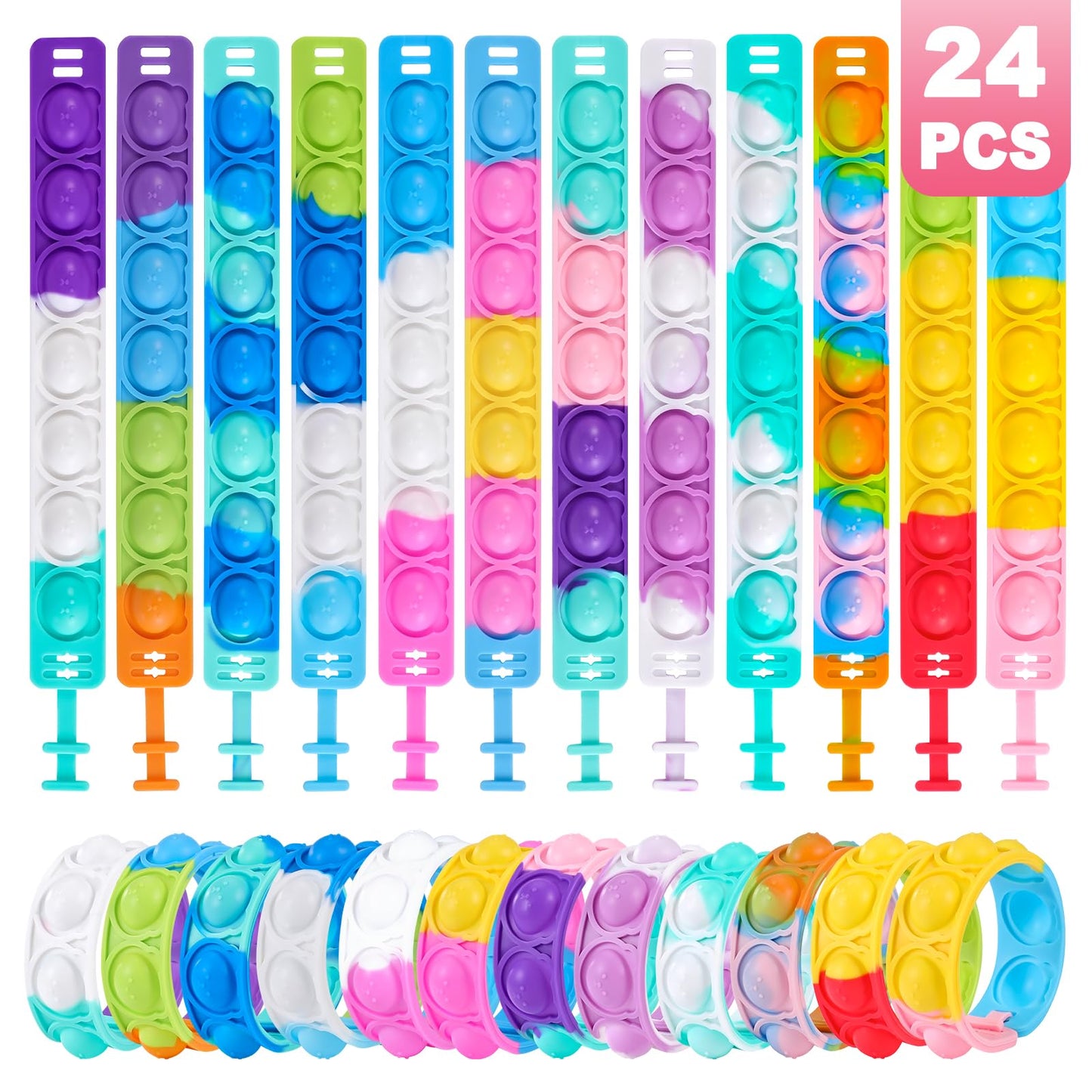Genuvi Pop Bracelets Fidget Toys Bulk — 24 Bear Bubble Bracelets for Kids Parties & Classroom Prizes