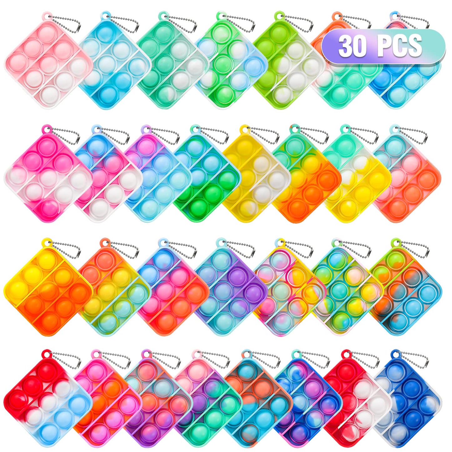 Genuvi Pop Fidget Toys Bulk – 30 Pack Mini Keychains for Kids 4-12 | Party Favors & Easter Basket Stuffers