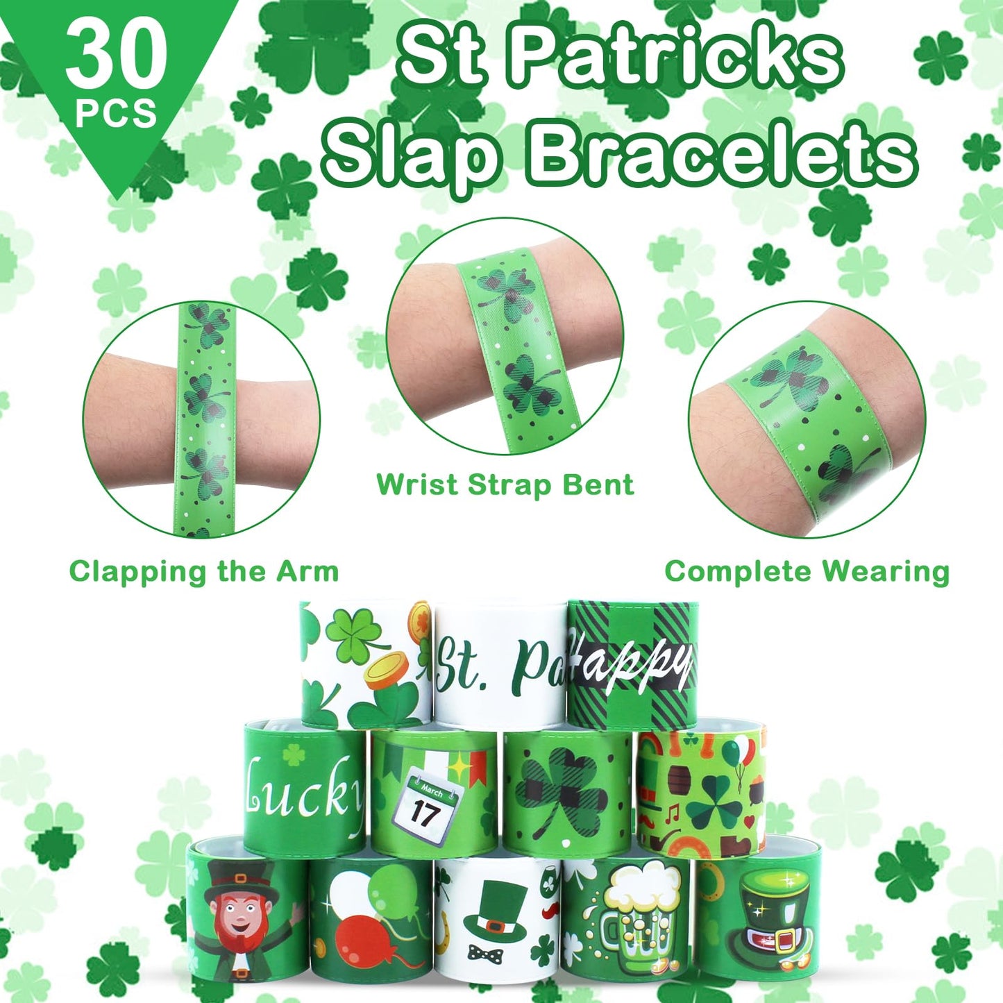Genuvi St. Patrick's Slap Bracelets – 36pc Shamrock Snap Bracelets Bulk Party Favors
