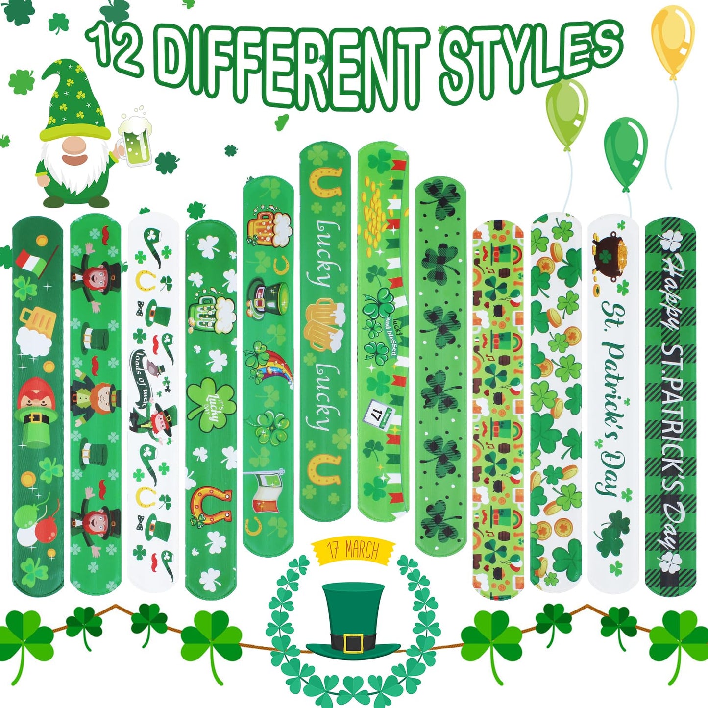 Genuvi St. Patrick's Slap Bracelets – 36pc Shamrock Snap Bracelets Bulk Party Favors