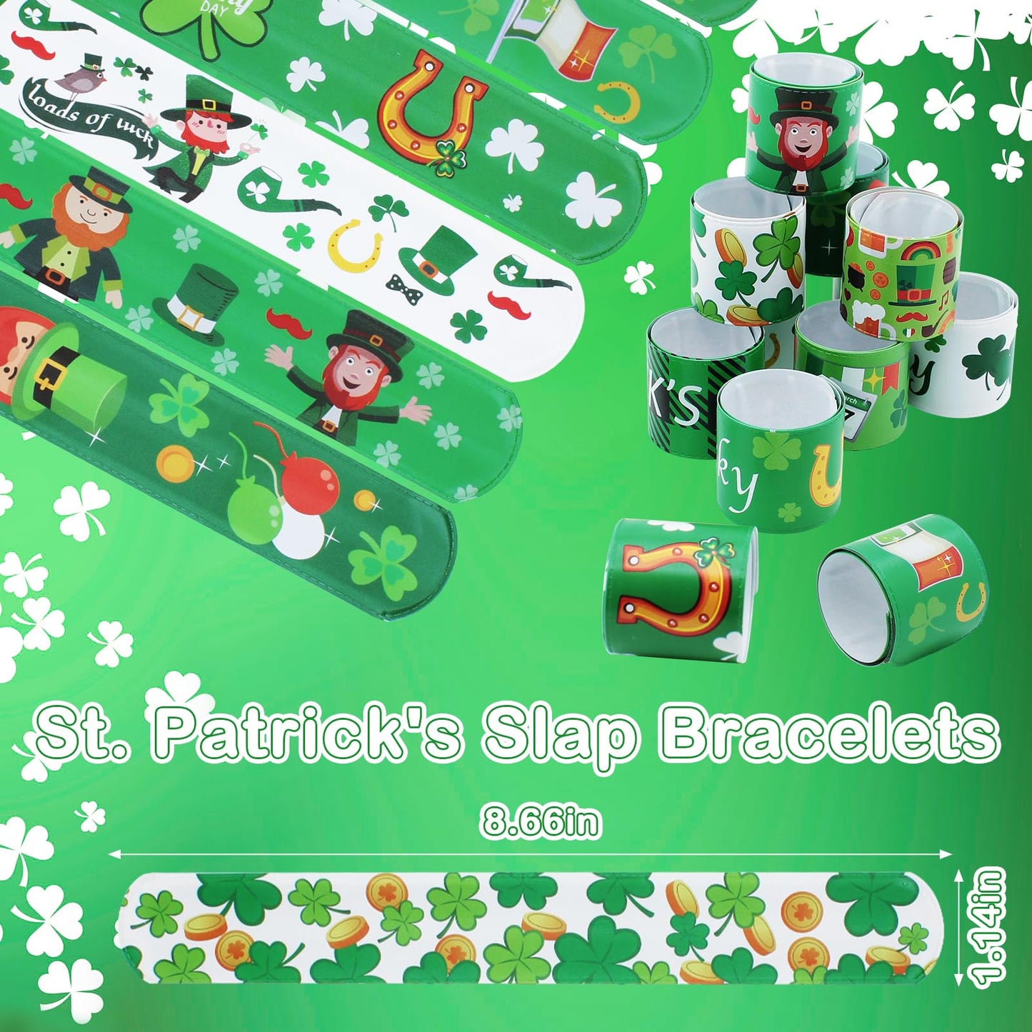 Genuvi St. Patrick's Slap Bracelets – 36pc Shamrock Snap Bracelets Bulk Party Favors