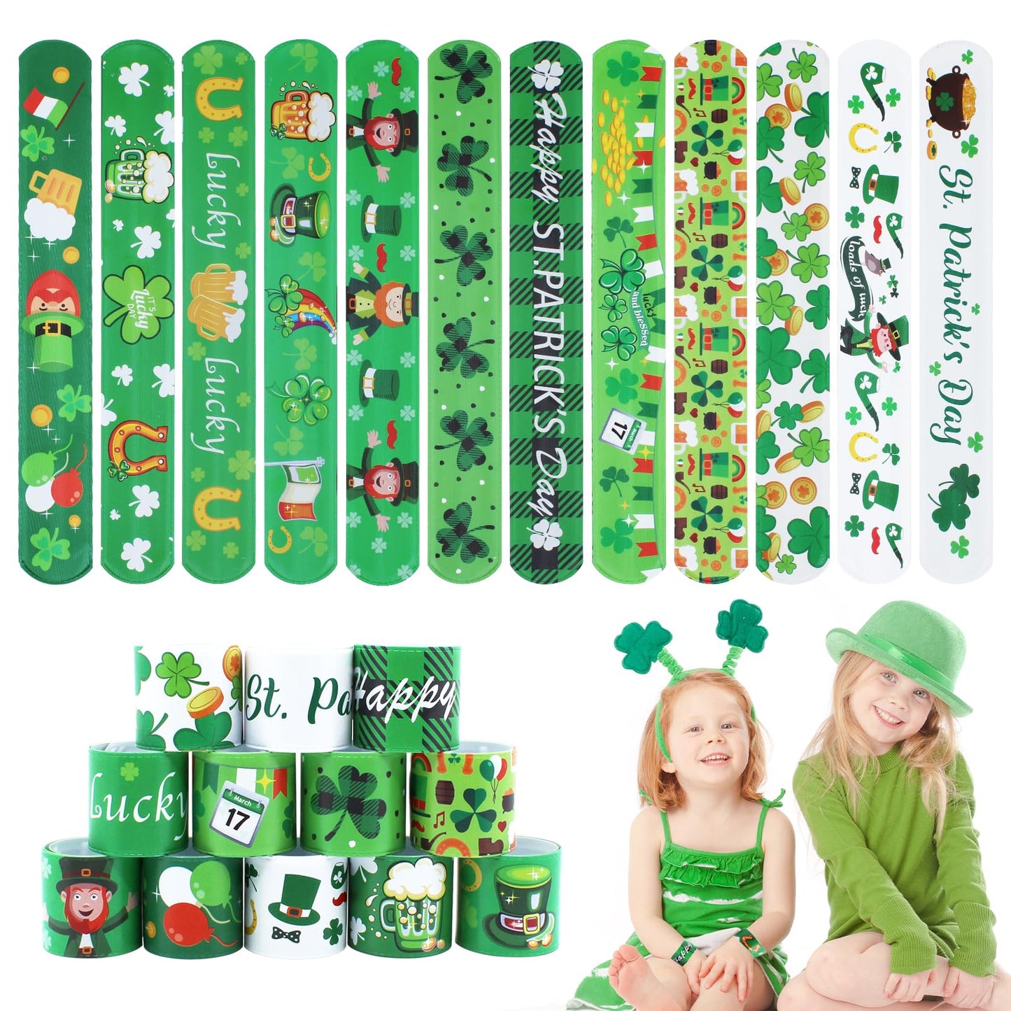 Genuvi St. Patrick's Slap Bracelets – 36pc Shamrock Snap Bracelets Bulk Party Favors