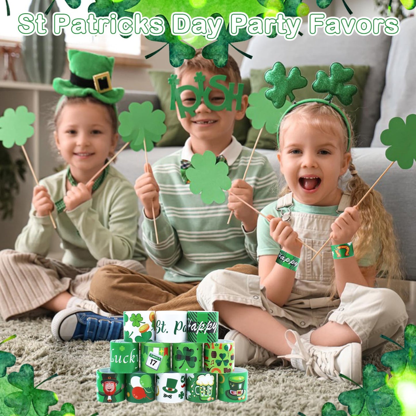 Genuvi St. Patrick's Slap Bracelets – 36pc Shamrock Snap Bracelets Bulk Party Favors
