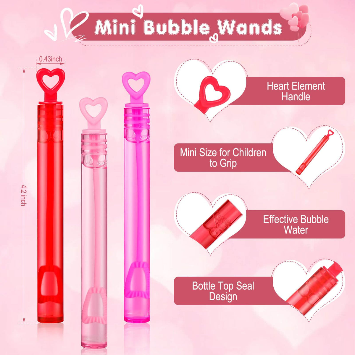 Genuvi Valentines Mini Bubble Wands – 30-Pack Heart Bubble Favors for Kids