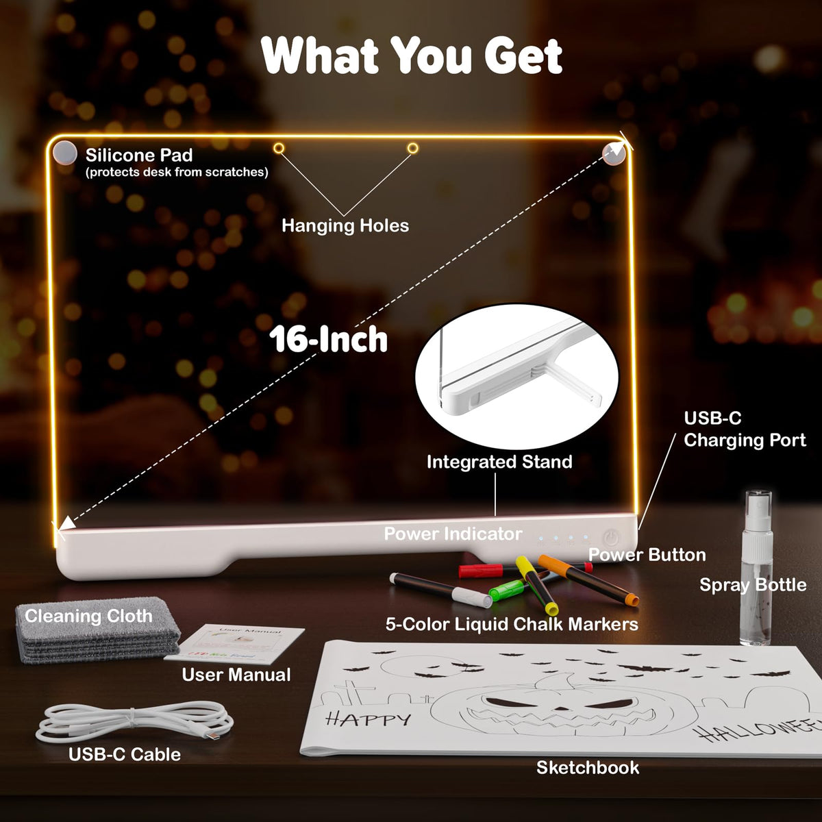 Geokay 16-Inch Rechargeable Doodle Glow LED Note Board – 7-Color Modes, Neon Art Dry Erase Pad, 5 Markers & Tracing Book