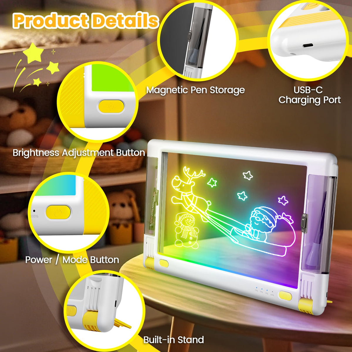 Geokay Rechargeable LED Drawing Board 15-Inch - 9 Neon Light Modes, 5 Markers & 10 Tracing Sheets