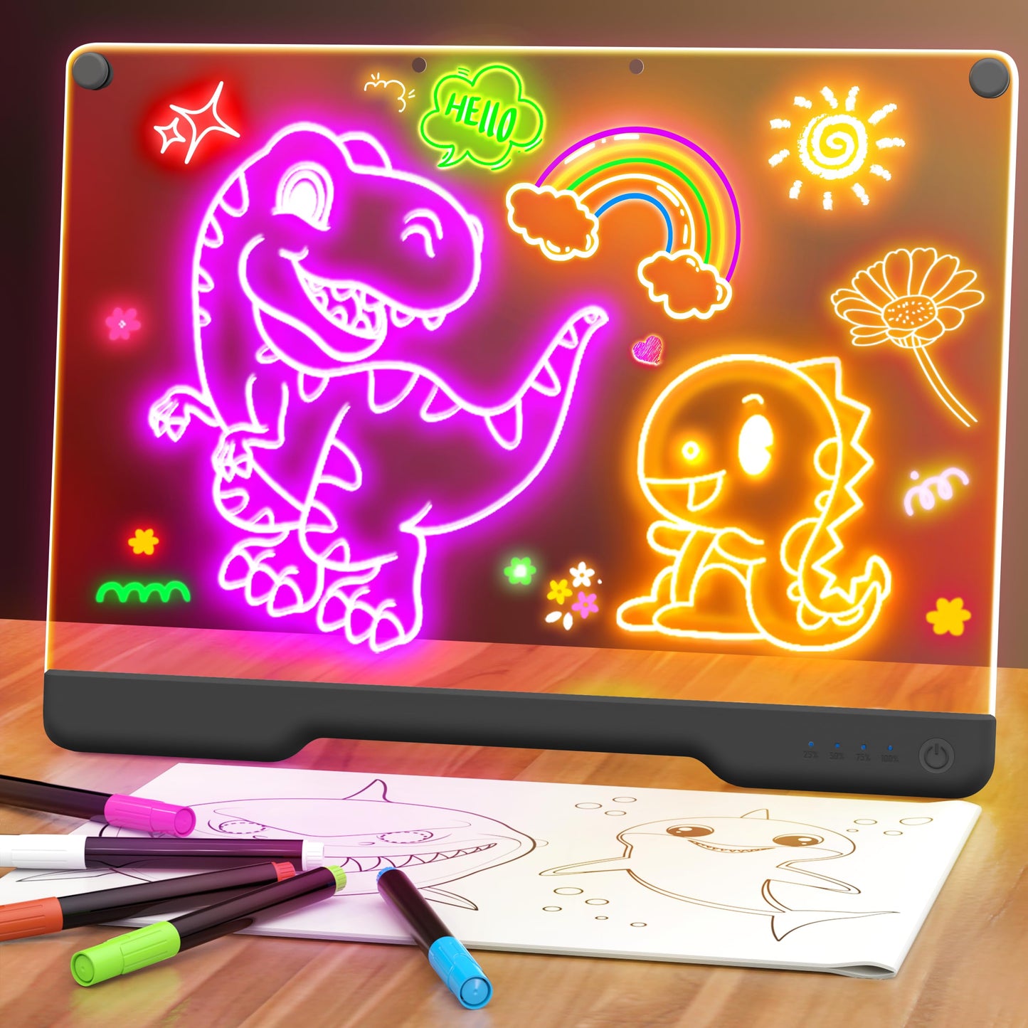 Geokay 16-Inch Rechargeable Doodle Glow LED Note Board – 7-Color Neon Art, Built-in Stand, Gift Kit