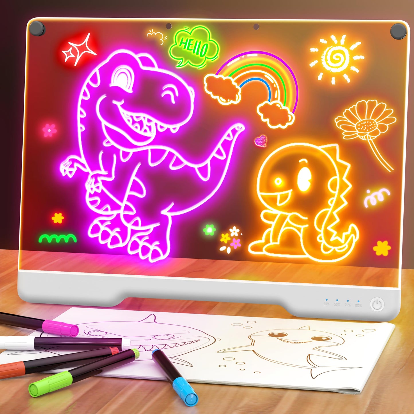 Geokay 16-Inch Rechargeable Doodle Glow LED Note Board – 7-Color Modes, Neon Art Dry Erase Pad, 5 Markers & Tracing Book