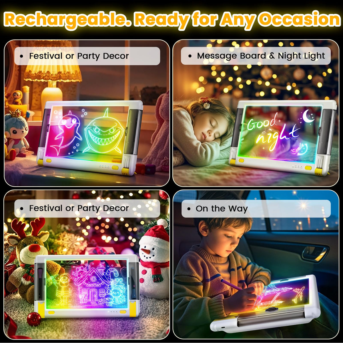 Geokay Rechargeable LED Drawing Board 15-Inch - 9 Neon Light Modes, 5 Markers & 10 Tracing Sheets