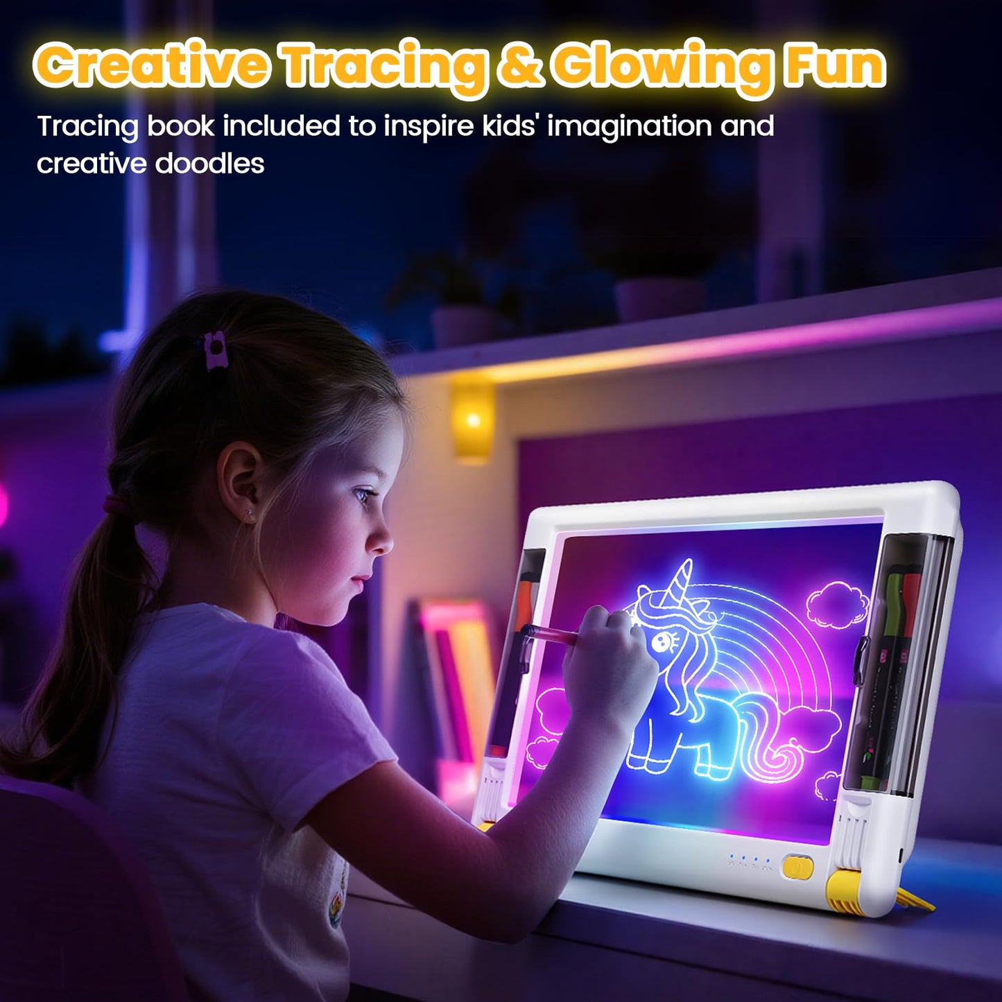 Geokay Rechargeable LED Drawing Board 15-Inch - 9 Neon Light Modes, 5 Markers & 10 Tracing Sheets