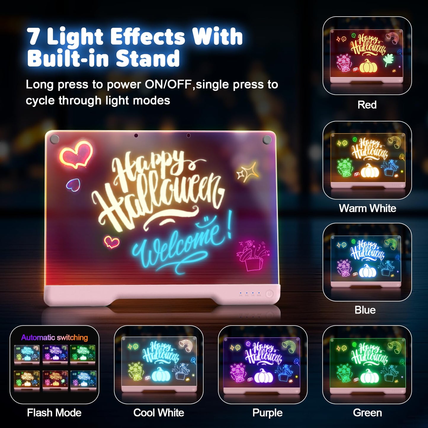 Geokay 16-Inch Rechargeable Doodle Glow LED Note Board – 7 Color Modes
