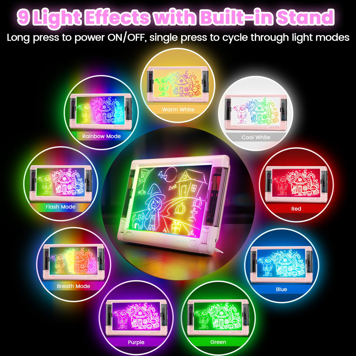 Geokay 15-Inch Rechargeable LED Drawing Board — 9 Neon Color Modes, 5 Markers & 10 Tracing Sheets