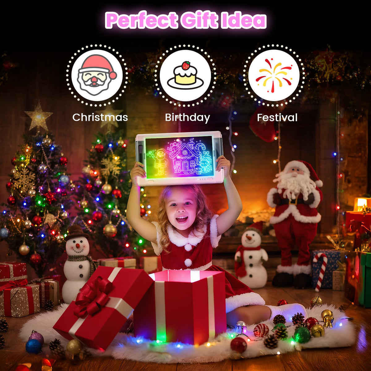 Geokay 15-Inch Rechargeable LED Drawing Board — 9 Neon Color Modes, 5 Markers & 10 Tracing Sheets