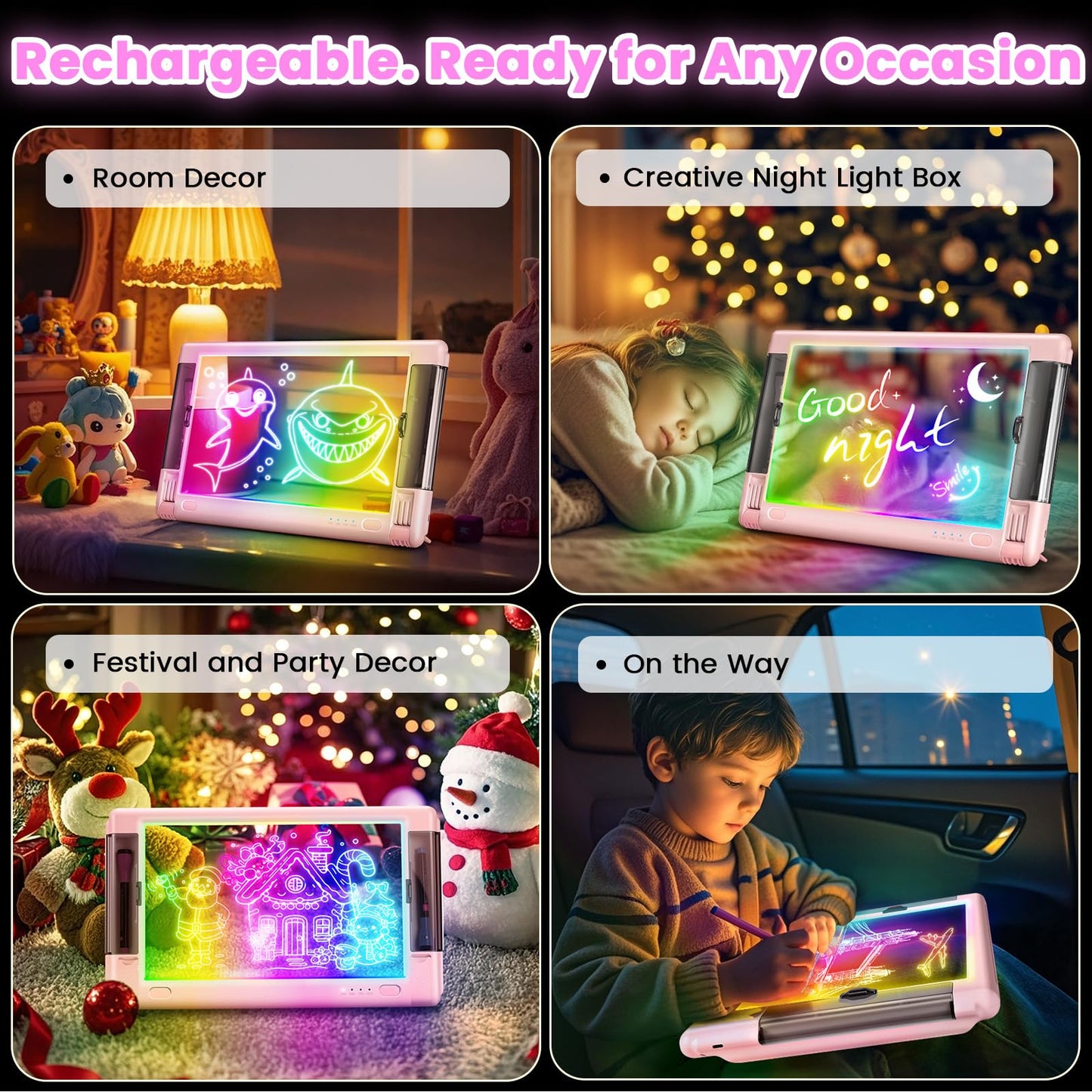 Geokay 15-Inch Rechargeable LED Drawing Board — 9 Neon Color Modes, 5 Markers & 10 Tracing Sheets