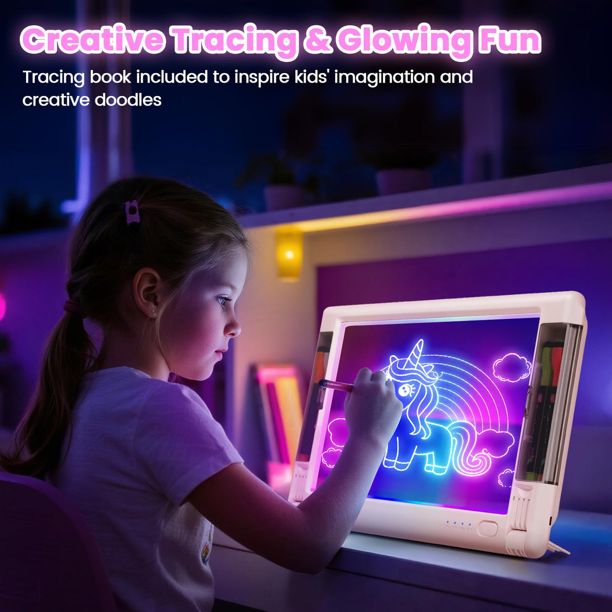 Geokay 15-Inch Rechargeable LED Drawing Board — 9 Neon Color Modes, 5 Markers & 10 Tracing Sheets